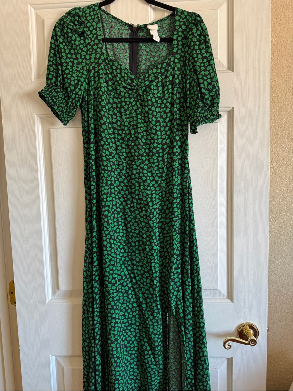 H&M Green Floral Print Maxi Dress with Puff Sleeves
